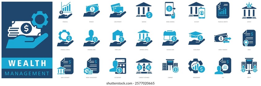 WEALTH MANAGEMENT ICON SET with financial, payment, card payment, banking, mobile banking, account, financial growth, deposit, financial service and personal loan