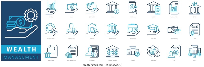 WEALTH MANAGEMENT ICON SET with financial, payment, card payment, banking, mobile banking, account, financial growth, deposit, financial service and personal loan
