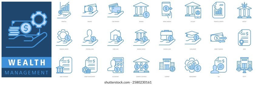 WEALTH MANAGEMENT ICON SET with financial, payment, card payment, banking, mobile banking, account, financial growth, deposit, financial service and personal loan
