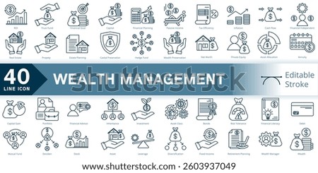wealth management icon set, simple line element wealth management with editable stroke, wealth management simple icon, wealth strategy icon line style vector image