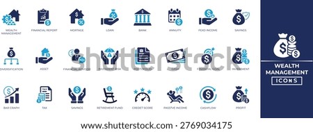Wealth Management icon set. Solid icons related to wchart, consulting, debt, finance, success, transfer, trust, wealth,assets and More. Perfect icons collection.