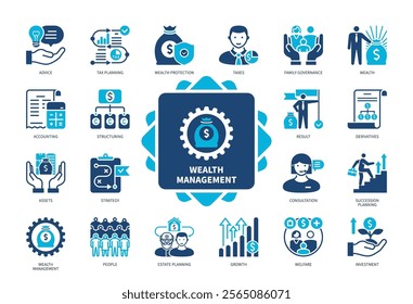 Wealth Management icon set. Structuring, Taxes, Family Governance, Estate Planning, Advice, Investment, Growth, Welfare. Duotone color solid icons