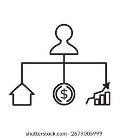 Ícone vetor de gestão de riqueza mostrando a pessoa com casa, dinheiro e investimentos. Perfeito para finanças, alocação de ativos, crescimento de carteira, planejamento de investimento e projetos de consultoria financeira.