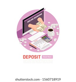 Wealth management isometric background with editable text and composition of workplace elements coins and money banknotes vector illustration