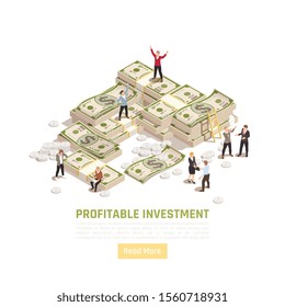Wealth management isometric background with editable text button and compositions of money and little human characters vector illustration