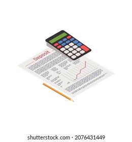 Wealth management isometric composition with images of paper sheet graphs and pencil with calculator vector illustration