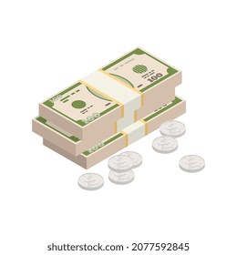 Wealth management isometric composition with images of silver coins and stack of dollar banknotes vector illustration