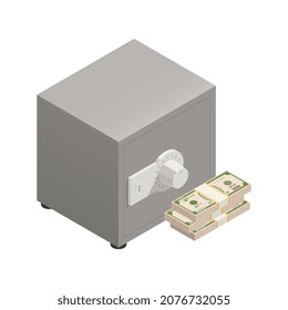Isoometrische Zusammensetzung des Vermögensmanagements mit isoliertem Bild von Safe Box und Stack von Dollar-Banknoten, Vektorgrafik