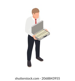 Composición isométrica de la gestión de la riqueza con carácter masculino del empresario con portador de casos con ilustración de vector de caja