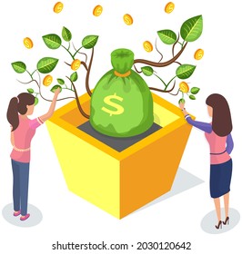Wealth management isometric composition with money tree in pot growing cash coins. Women harvest from money tree with banknotes. Plant to attract income, finance. Growing dollar bills and gold coins