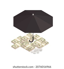 Wealth management isometric composition with stacks of banknotes and silver coins lying under black umbrella vector illustration