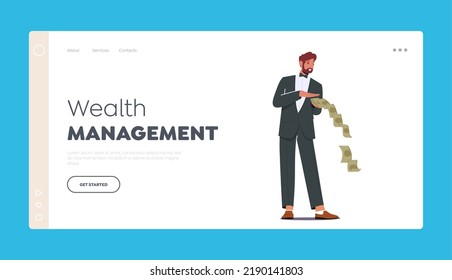Wealth Management Landing Page Template. Rich Man Throwing Dollar Bills on Floor. Richness, and Prosperity Concept. Successful Businessman, Investor or Lottery Winner. Cartoon Vector Illustration