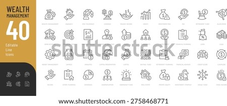 Wealth Management Line Editable Icons set. Vector illustration in modern thin style of finance related icons: property, finance planning, dividends, and more. Isolated on transparent background.