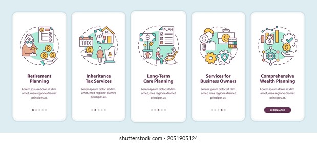 Wealth management services onboarding mobile app page screen with concepts. Retirement planning walkthrough 5 steps graphic instructions. UI, UX, GUI vector template with linear color illustrations