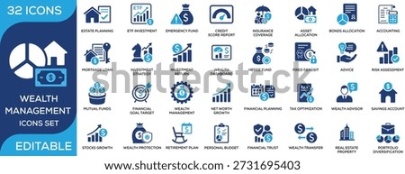 Wealth management solid icon set featuring investment, financial planning, savings, retirement, insurance, assets, and portfolio management. Clean flat vector icons for finance and wealth planning projects.