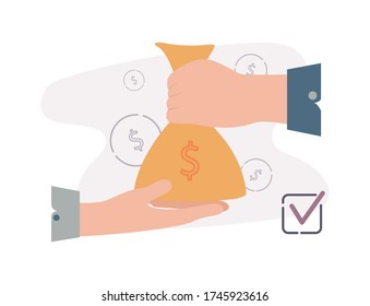 Wealth Management. Trust Management. Illustration One Hand Gives A Money Bag, The Other Takes, On The Bag A Dollar Bill, Under It A Check Mark In The Square, On The Background Of The Coin