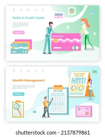 Wealth management vector, debit and credit cards people with banking system. Male filling tax form, infographics on screen, set of transaction. Website or webpage template, landing page flat style