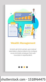 Wealth management vector finance plan and profit gaining percent people showing benefit from deposit in bank, banking system workers with stats. Website or app slider template, landing page flat style