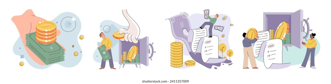 Ilustración vectorial de gestión de la riqueza. Los mercados de divisas influyen en el panorama de la riqueza internacional El éxito empresarial suele conducir al crecimiento de la riqueza personal La inversión cualificada es parte integrante de la riqueza