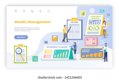 Wealth management vector, infographics and infocharts with investment plan and retirement information statistics on clipboard, page data. Invest manager, landing page flat style