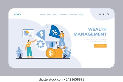 Wealth Management web or landing page. Optimizing financial health with strategic investment analysis and asset allocation. Fiscal growth through smart planning. Flat vector illustration.