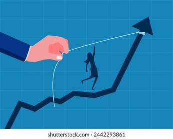 Wealth management. woman in helping hand pulling increasing graph 