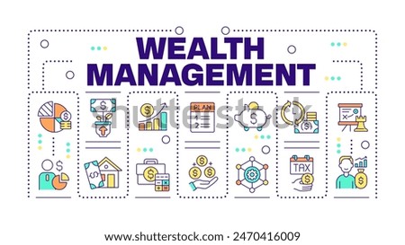 Wealth management word concept isolated on white. Financial services. Budget planning. Financial advisor. Creative illustration banner surrounded by editable line colorful icons