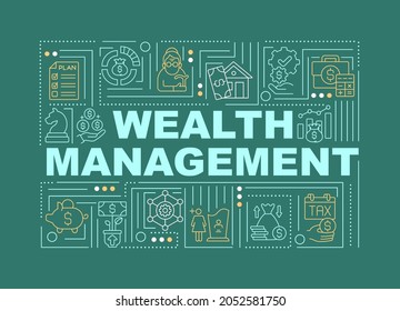 Wealth management word concepts banner. Create person financial budget. Infographics with linear icons on green background. Isolated typography. Vector outline RGB color illustration - Shutterstock ID 2052581750