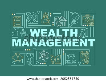 Wealth management word concepts banner. Create person financial budget. Infographics with linear icons on green background. Isolated typography. Vector outline RGB color illustration