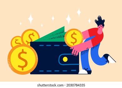 Wealth and money in pocket concept. Positive man standing and taking money golden coins from purse feeling rich and confident vector illustration 