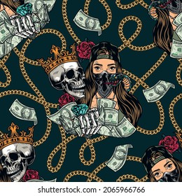Wealth and money seamless pattern with girl in mask and baseball cap gold chain roses falling dollar bills skulls in crown snake skeleton hand holding dollar banknotes and diamond vector illustration