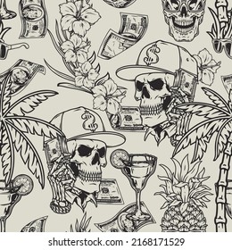 Wealth monochrome vintage seamless pattern skull with packs dollars and cocktails among flowers and palm at elite resort vector illustration