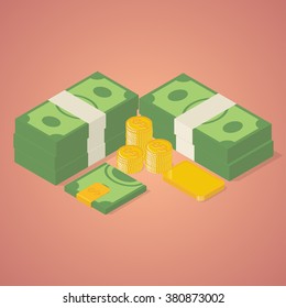 Wealth. Pile of money, golden bar, stack of coins, folded bills in money clip. Isometric vector illustration