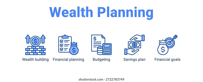 Wealth Planning Web-Banner-Symbol Vektorgrafik-Konzept für mit Symbol von Wealth Gebäude, Finanzplanung, Budgetierung, Ersparnisse.