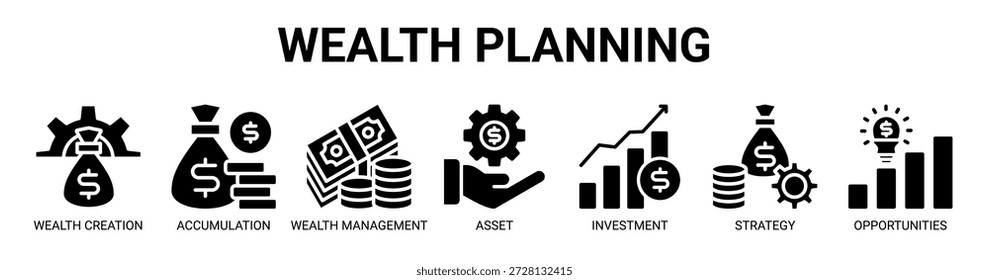 Wealth Planning Webbanner-Symbol, Vektorgrafik-Konzept mit Symbol für Vermögensbildung, Vermögensakkumulation, Vermögensverwaltung, Vermögensverwaltung, Investitionen, Anlagestrategie und Chancen.