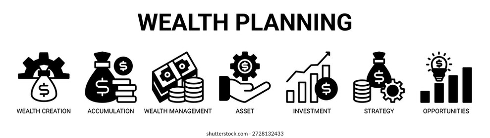 Wealth Planning Webbanner-Symbol, Vektorgrafik-Konzept mit Symbol für Vermögensbildung, Vermögensakkumulation, Vermögensverwaltung, Vermögensverwaltung, Investitionen, Anlagestrategie und Chancen.