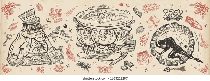 Wealth and poverty. Angry boss capitalist, flat Earth, turtle and bags of money. Old school tattoo vector collection. Hamster wheel, mortgages, loans, taxes. Hard life. Traditional tattooing style 