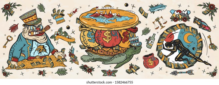 Wealth and poverty. Old school tattoo vector collection. Angry boss capitalist, flat Earth, turtle and bags of money. Hamster wheel, mortgages, loans, taxes. Hard life. Traditional tattooing style 
