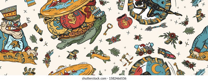 Wealth and poverty. Seamless pattern. Old school tattoo. Angry boss capitalist, flat Earth, turtle and bags of money. Hamster wheel, mortgages, loans, taxes. Social inequality art 