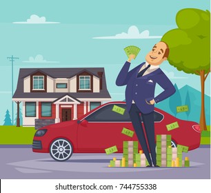 Wealth and prosperity cartoon composition with glad rich businessman standing near heap of money at his car and house background flat vector illustration 