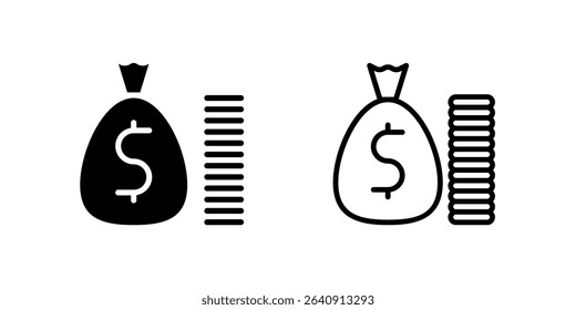 Wealth and prosperity icons featuring money bags and stacked coins for financial success and wealth accumulation applications