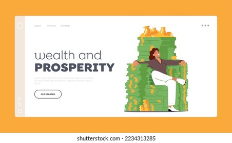 Wealth and Prosperity Landing Page Template. Rich Millionaire Businesswoman Character Sitting on Throne made of Money Stacks, Coins and Dollars. Business Growth, Invest. Cartoon Vector Illustration