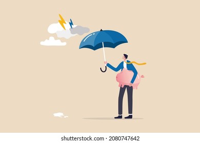 Wealth protection, insurance or financial security to survive in market downturn, protect retirement pension fund or safety guard concept, businessman holding strong umbrella to protect piggybank.