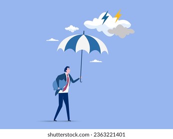 Wealth protection, insurance or financial security to survive in market downturn, protect retirement pension fund or safety guard concept, businessman holding strong umbrella to protect piggybank.