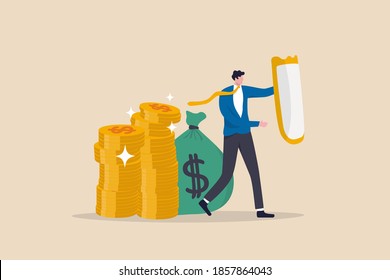 Wealth protection, investment asset allocation portfolio in volatility market or saving guard in financial and economic crisis, businessman expert with strong shield to protect money coins stack.