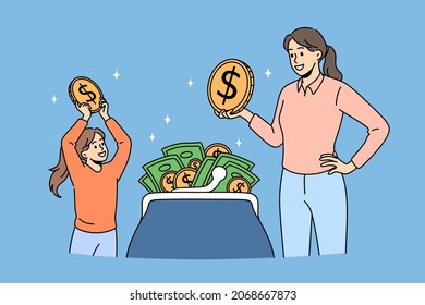 Ahorro de riqueza y concepto de presupuesto. Madre e hija sonriente y feliz de pie sacando monedas de oro de la ilustración vectorial de la cartera de bolsos 