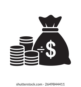 Ícone de riqueza e poupança com um saco de dinheiro e pilhas de moedas que representam um grande capital de depósito bancário e vetor de abundância financeira ícone de glifo sólido