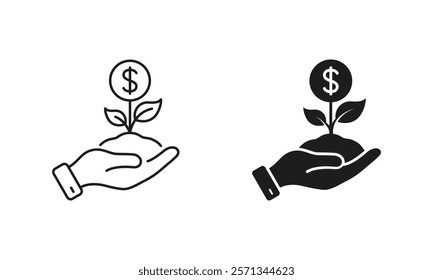 Wealth Sign. Increase Income, Financial Profit Symbol. Growth Money Line and Silhouette Icon. Dollar Coin in Plant Shape in Human Hand Pictogram. Editable Stroke. Isolated Vector Illustration.