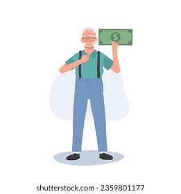 Konzept von Wohlstand und Erfolg. Ältere Menschen mit großer Geldnote, die Wohlstand und finanzielles Vertrauen zeigt.  Illustration älterer Menschen mit Dollar-Banknote