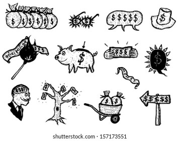 Wealth, Success, Dollars And Money Hand Drawn/ Illustration of a set of money and dollars currency elements symbolizing wealth, business, success,  bank and money